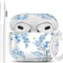 Wonjury Clear Case Compatible with Airpods 3 Case Cover, Wonjury Protective Floral Case Cover with Keychain Compatible with Airpods 3 Generation (2021 Released), Front LED Visible, Blue Flower