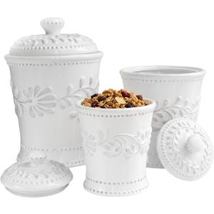 American Atelier Kitchen Ceramic Canister Set w/Lids Bianca Leaf, White 3PC
Engraved Storage Jars Featuring Rubber Sealed Lid for Sugar Pasta Coffee Flour Cookies and Pantry Organization for Countertop