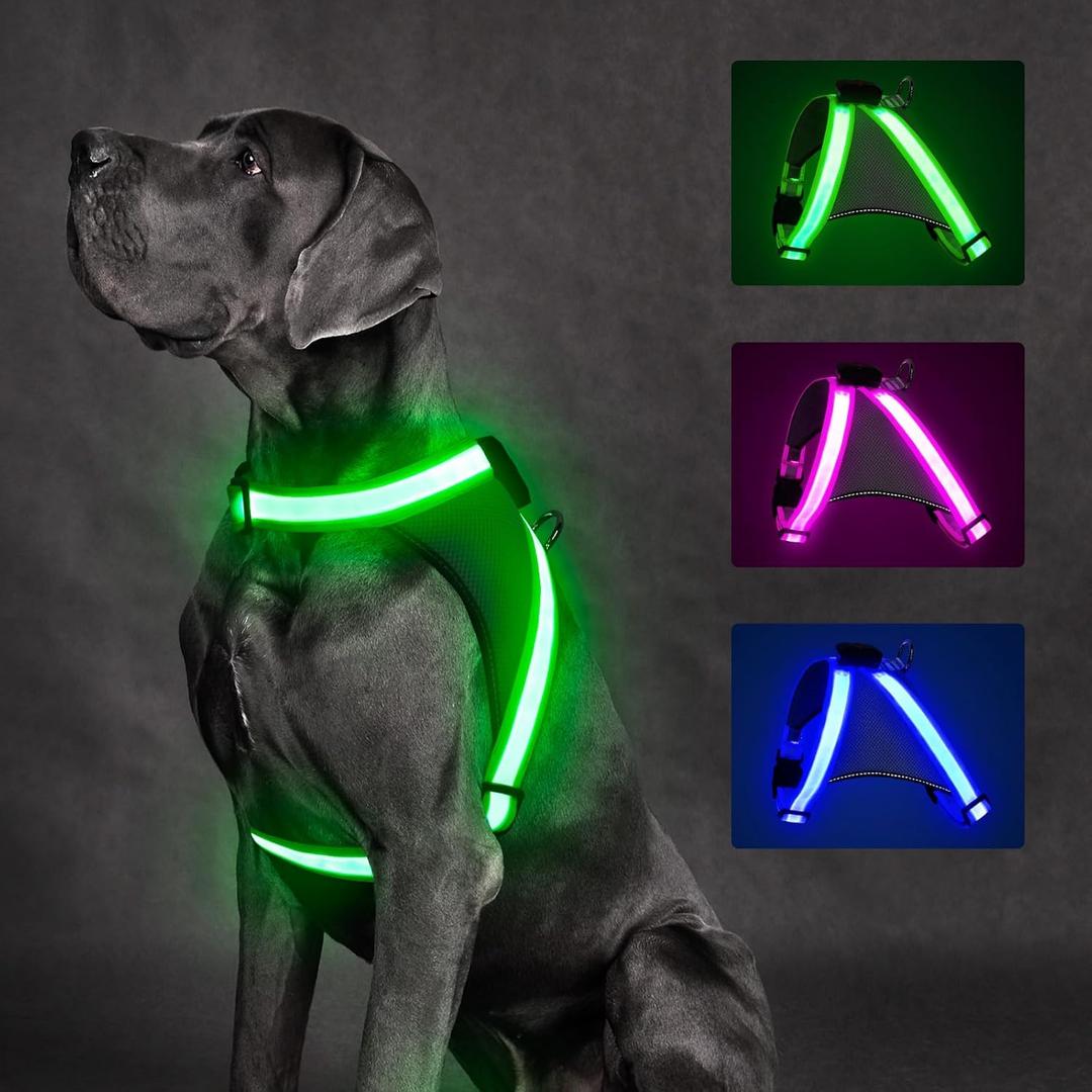 ChalkLit Light Up Dog Harness, No Pull Led Dog Harness Glow-in-The-Dark for Night Walking, USB Rechargeable Lighted Safety Vest for Medium Large Dogs, Adjustable Soft Mesh Fully Illuminated (Green, M)