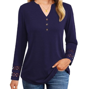 Womens Long Sleeve Shirts V Neck Lace Tunic Button Decor Business Casual Blouses Henley Shirts Loose Fit Fall Tops 2025 M,  Purple