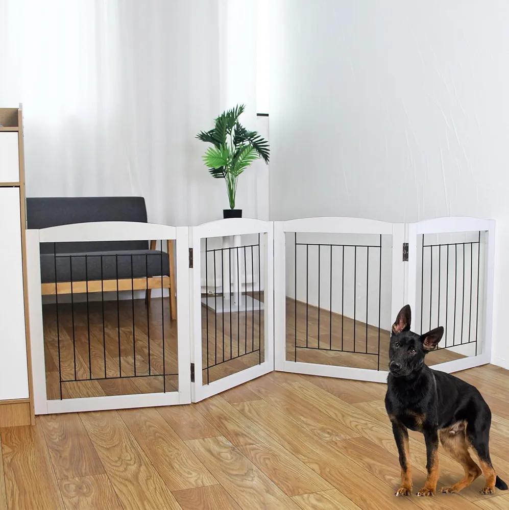 ZJSF Freestanding Foldable Dog Gate for House Extra Wide Wooden White Indoor Puppy Gate Stairs Dog Gates Doorways Tall Pet Gate 4 Panels Fence 80"W x 24"H