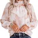 Cuffbow Women Floral Blouse Puff Long Sleeve Ruffle Shirt Mock Neck Chiffon Boho Top 2026 Trendy Pleated Dressy Casual Outfit (S) Brown (S)