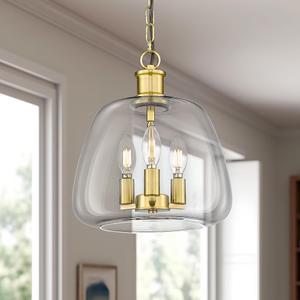 kudos Mid Century 11 inch Large Gold Pendant Light Dining Room, 3 Light Farmhouse Chandelier, Hanging Lights for Kitchen Island, Adjustable E12 Base Clear Glass, KDPL12-GD-L