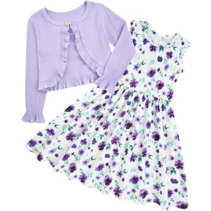 Toddler Girl Sleeveless Dresses and Long Sleeve Ruffle Cardigan 2 Piece Fall Outfits for 2-8T (7-8 Years)