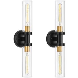 SANTOSTOCK Hardwired Wall Sconces Set of 2, Bathroom Sconces Vanity Light Fixture with Clear Glass, Black and Gold Farmhouse Wall Lights for Bathroom Mirror Living Room Hallway Kitchen