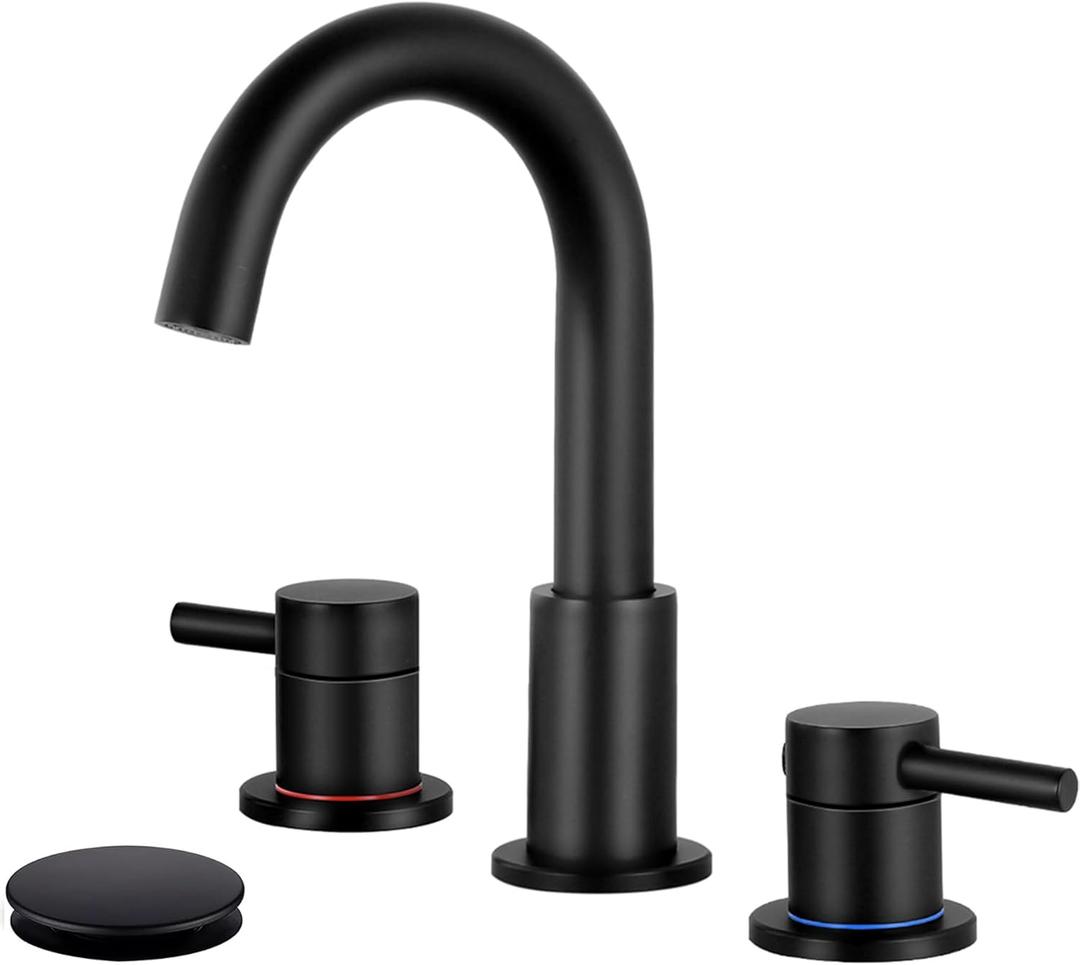 Qomolangma Black Bathroom Faucet 3 Hole, 2-Handle 8 inch Widespread Bathroom Faucet, 360 Swivel Spout Lavatory Sink Faucet with Water Supply Lines & Pop Up Drain