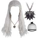 ANOGOL Hair Cap+(1 Necklace) Silver White Wigs Men Long Curly Silver White Wigs for Comic Con wigs with Necklace Costume Wig for Halloween for Party
