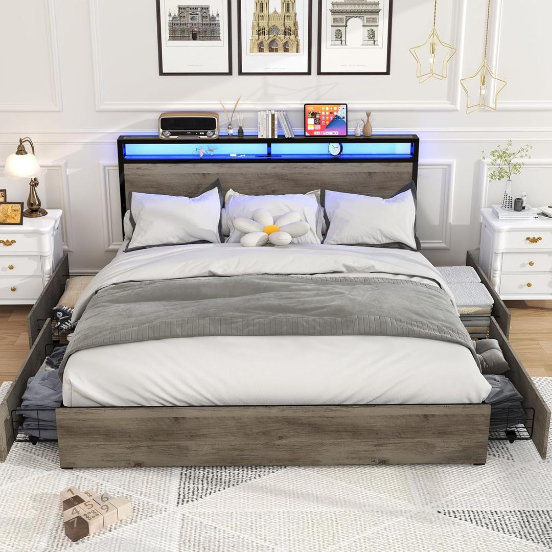 King Size Bed Frame with 4 Storage Drawers, LED Platform Bed with Headboard, Built in Charging Station, Noise-Free, Metal Support Base, No Box Spring Needed, Gray (Grey)