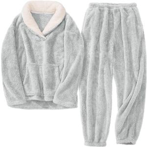 HEEKEPK Womens Fluffy Pajamas Set Fleece Fuzzy Winter Warm Pj Sets Pullover Pants Plush 2 Piece Loungewear Sleepwear Pockets (Medium, Grey)
