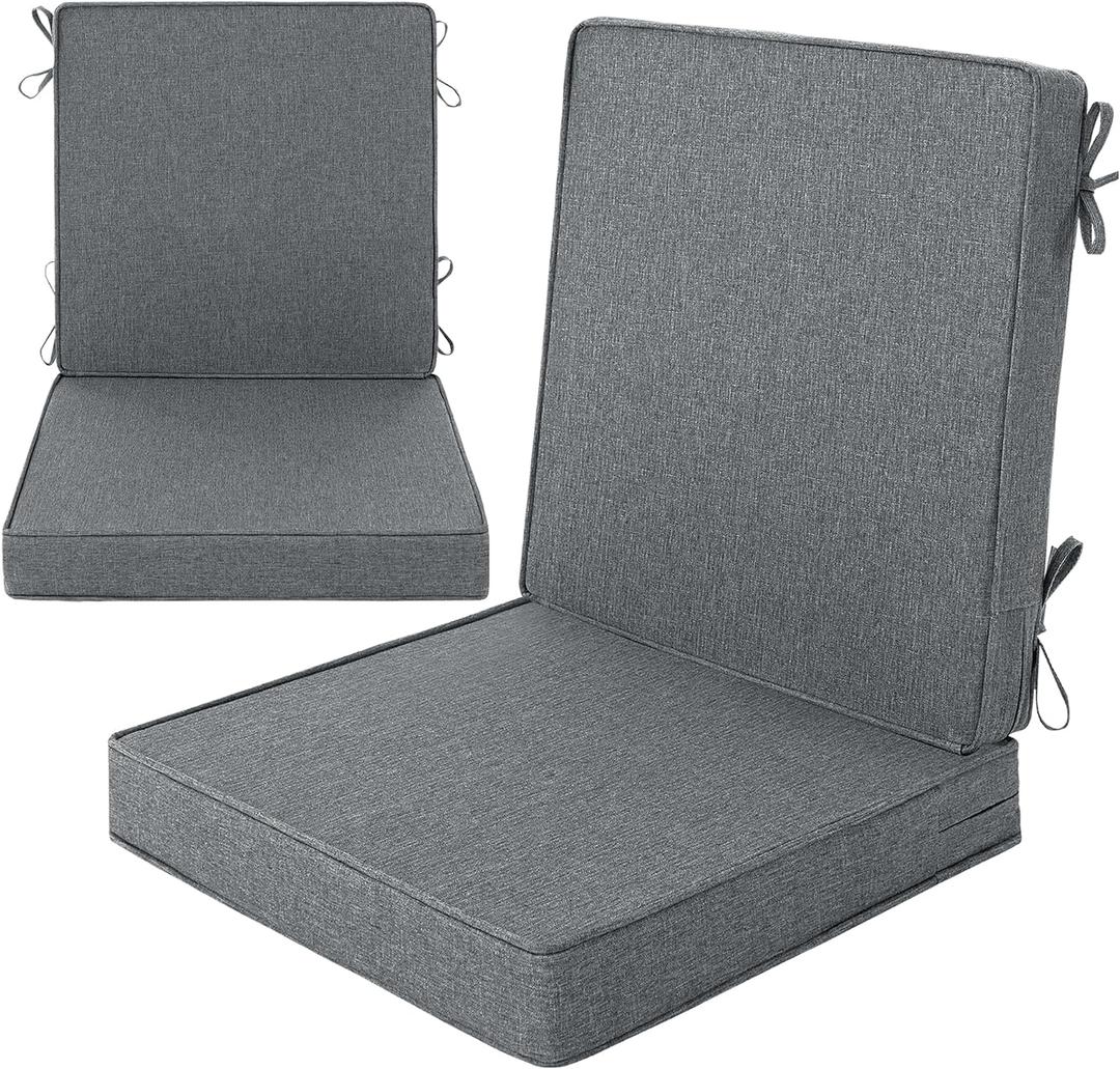Outdoor Chair Cushions, Water-Resistant & Fade-Resistant, Patio Furniture Lawn Dining Chair Seat Replacement with Mid Back, Ties Zipper, Removable Cover, 18 x 16.5 Inch, Set of 2, Dark Grey