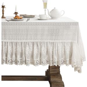 patdrea Vintage White Lace Tablecloth,Design Embroidered Cotton Ruffle Table Cloth for Rectangle Table,Elegant Rustic Fabric Decorations for Wedding Party Thanksgiving Christmas 63"*87"