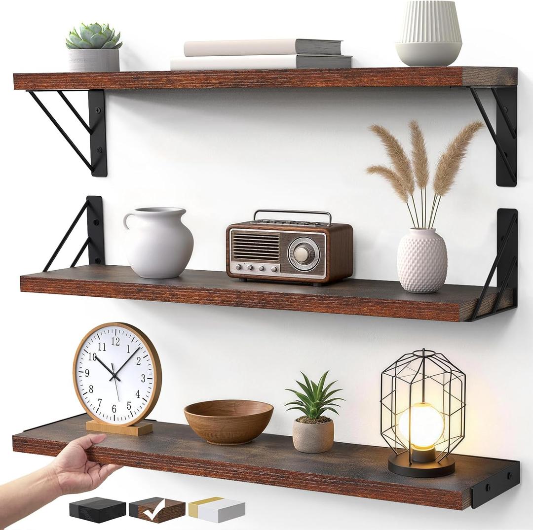 BAYKA 23-in Floating Wall Shelves, Rustic Wood Wall Shelves for Bedroom, Bathroom, Kitchen & Living Room, Display Shelf for Books, Plants & Decor (Rustic Brown)