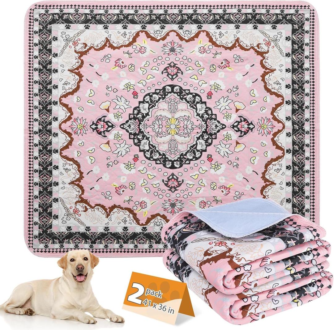 KOOLTAIL Washable Pee Pads for Dogs, 2 Pack Super Absorbent Reusable Puppy Training Pads Waterproof, Nonslip and Leak-Proof Dog Pee Pads, Large Pet Mats Whelping Pads for Floor, Crate, Couch, 36"x41" (Retro Pink)
