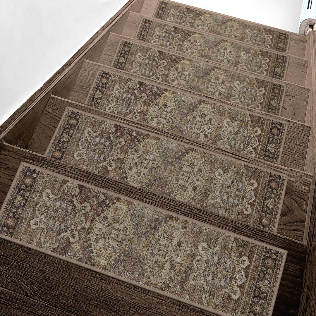 Non Slip Stair Treads for Wooden Steps 15PCS - 8"x30" Indoor Safety Carpet, Edging Mats with TPE Adhesive Backing, Pet and Elderly Friendly Stair Rugs (Sage/Brown)