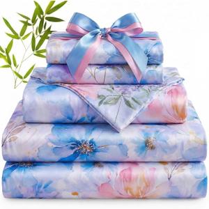 YIYEA 100% Viscose Derived from Bamboo Sheets, 600 Thread Count Cooling Bed Sheet Set for Hot Sleepers, Silky Soft, Breathable, 16" Deep Pocket, 4PC, King, Floral