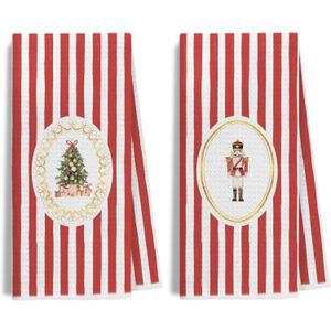 Red and Gold Christmas Tree Kitchen Towels Decorative, Red Striped Christmas Hand Tea Towels for Bathroom, Xmas Holiday Dishtowels, 16x24 Inches Set of 2 (Chrismas -04)