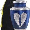 M MEILINXU Urns for Human Ashes Adult Man & Women, Cremation Urn for Ashes Adult Male & Female, Burial Urn, Decorative Urns for Funeral, Silver Engraved Angel Wings, Dark Blue and Silvery - Large