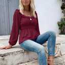 Womens Puff Long Sleeve Babydoll Tops Square Neck Ruffle Peplum Blouse Smocked Loose Fit Tunic Top Dressy Tee Shirts