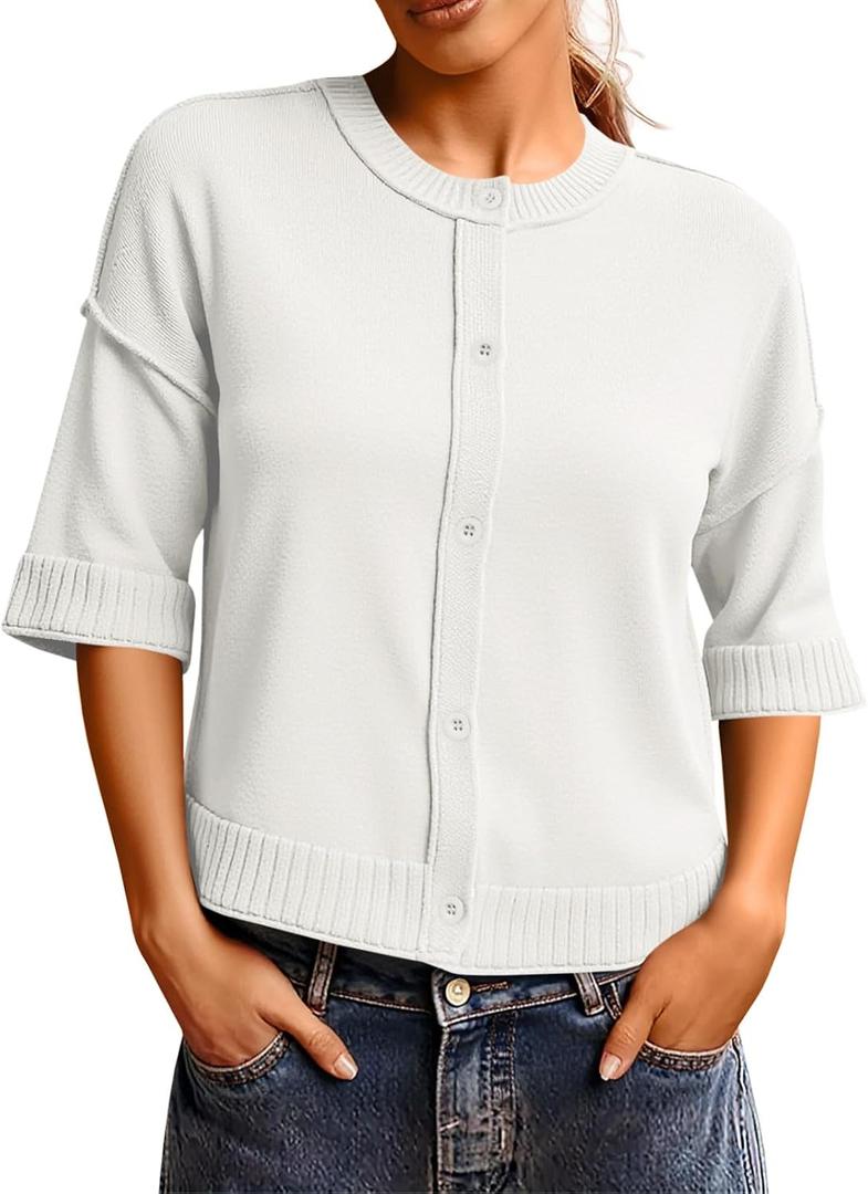 Saodimallsu Womens 3/4 Sleeve Cardigan Sweaters Button Down Crewneck Knit Cropped Tops Casual Fall Outerwear (White, L)