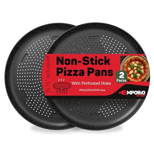 Emporio Kitchen Non-Stick Pizza Pan 2 Pack – 16 Inch Round Carbon Steel Pizza Tray with Perforated Holes, PFOAPFOSPTFE-Free, Dishwasher & Oven Safe Up To 450°F, Durable Nonstick Gray Marble Coating
