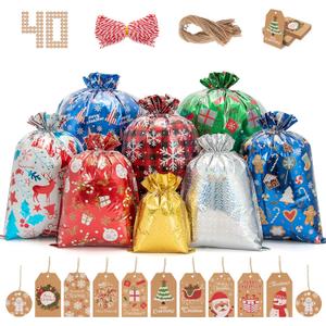 Lousrnman Drawstring Christmas Gift Bags, 40 Large Holiday Gift Bags, 50 Kraft Paper Tags and 2 390in Ribbon Ties, 5 Different Sizes for 8 Designs total 40 Pack Christmas Bags for Presents.