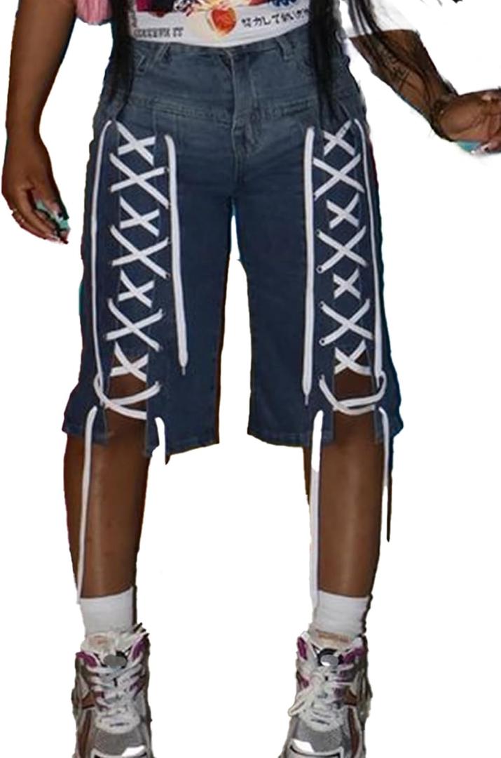 Women's Rhinestone Denim Shorts Casual Stretchy High Waisted Bermuda Jean Shorts with Belt Y2K Streetwear (Blue, M)