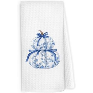 Blue Chinoiserie Pumpkin Fall Kitchen Dish Towels 16x24 Inch, Blue and White Coquette Chinoiserie Bow Pumpkin Autumn Decorative Hand Towel Tea Towels for Kitchen Bathroom