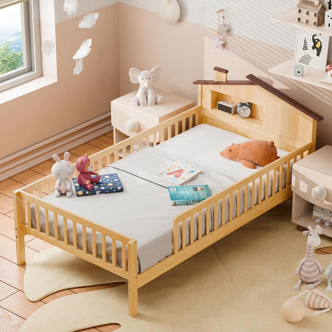 Sweetcrispy Twin Size Kids Bed with Storage - Solid Wood House Headboard & Safety Guardrails, Space-Saving Bed Frame, No Box Spring, Natural Brown (81.81*44.37*36.33 Inches)