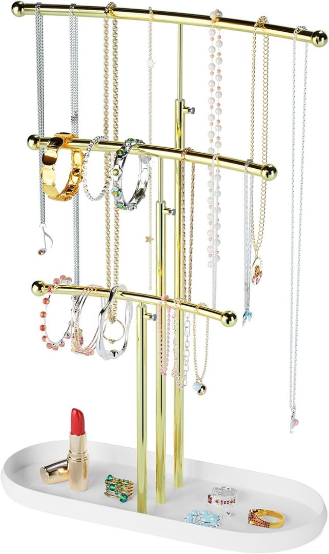 SZQINJI Jewelry Stand Organizer, Metal Jewelry Tree Holder 3-Tier Jewelry Storage Tower for Necklace Display, Bracelet Hanging Gold White Christmas Gift