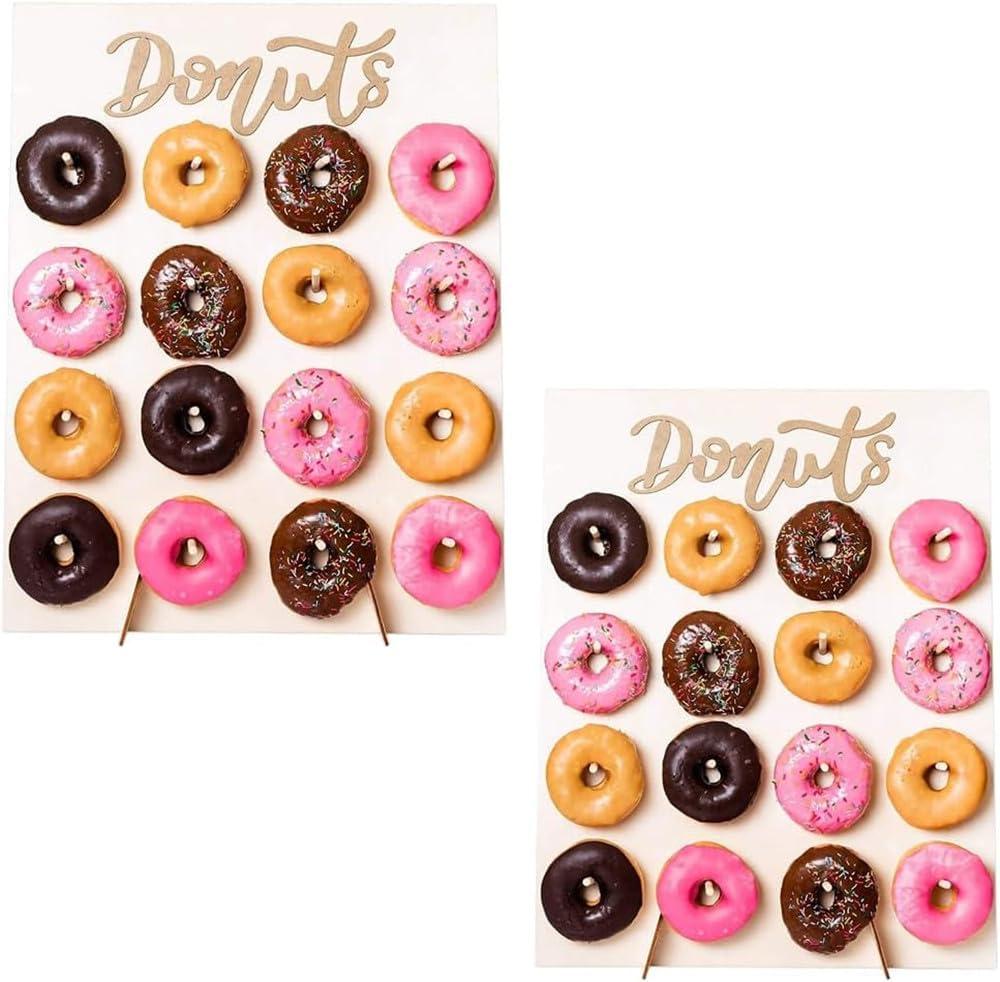 2 Pack Donut Wall Display Stand for Party, Wedding, Event, Brunch, and Birthday Use, Decorative Doughnut and Bagel Holder, Pop-Up Tabletop Placement, Laser Engraved Bamboo