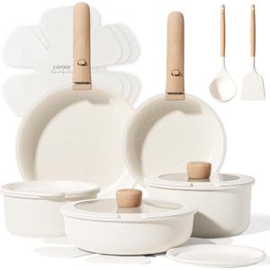 CAROTE 17pcs Pots and Pans Non Stick, Cookware Sets Detachable Handle, Induction Kitchen Pots and Pans,NonStick Cooking Set, Oven/Dishwasher/Fridge Safe, Space Saving (White Cream)