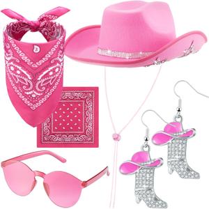 Hercicy 4 Pcs Cowgirl Costume Set Cowboy Hat Sunglasses Bandana Earring Halloween Costume Accessories for Women Cosplay Party (Dark Pink)