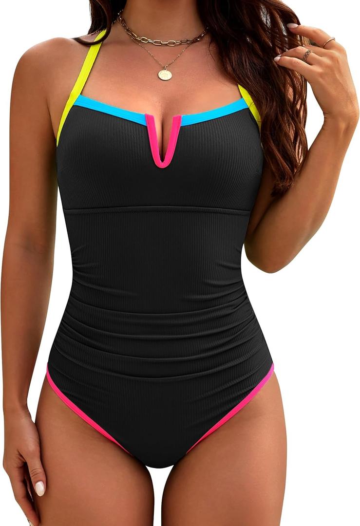 BMJL Womens One Piece Swimsuit Ribbed Tummy Control Bathing Suit V Wired Color Block Swim Suits 2026, Large