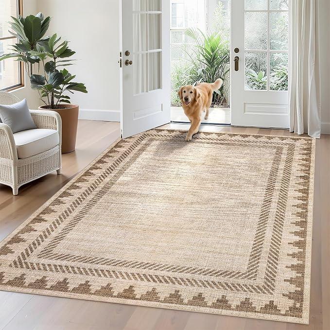 Area Rug 9x12 Modern Solid Rug with Non Slip TPR Backing, Unique Bordered Neutral Washable Carpet, Soft Stain-Resistant Floor Covering, Non Shedding Low Pile Neutral Mat for Open Spaces Office, Tan