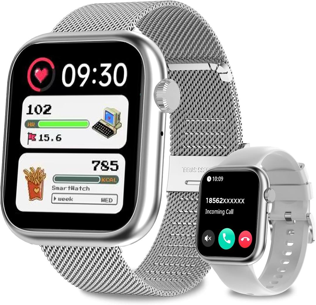 Smart Watches for Men Women(Answer/Make Calls),7 Day Battery Fitness Tracker Watch SpO2/HR/Sleep/BP,120+ Sports Activity Trackers,IP68 Smart Watch for Android/iOS,120+Dials,2 Bands,Silver