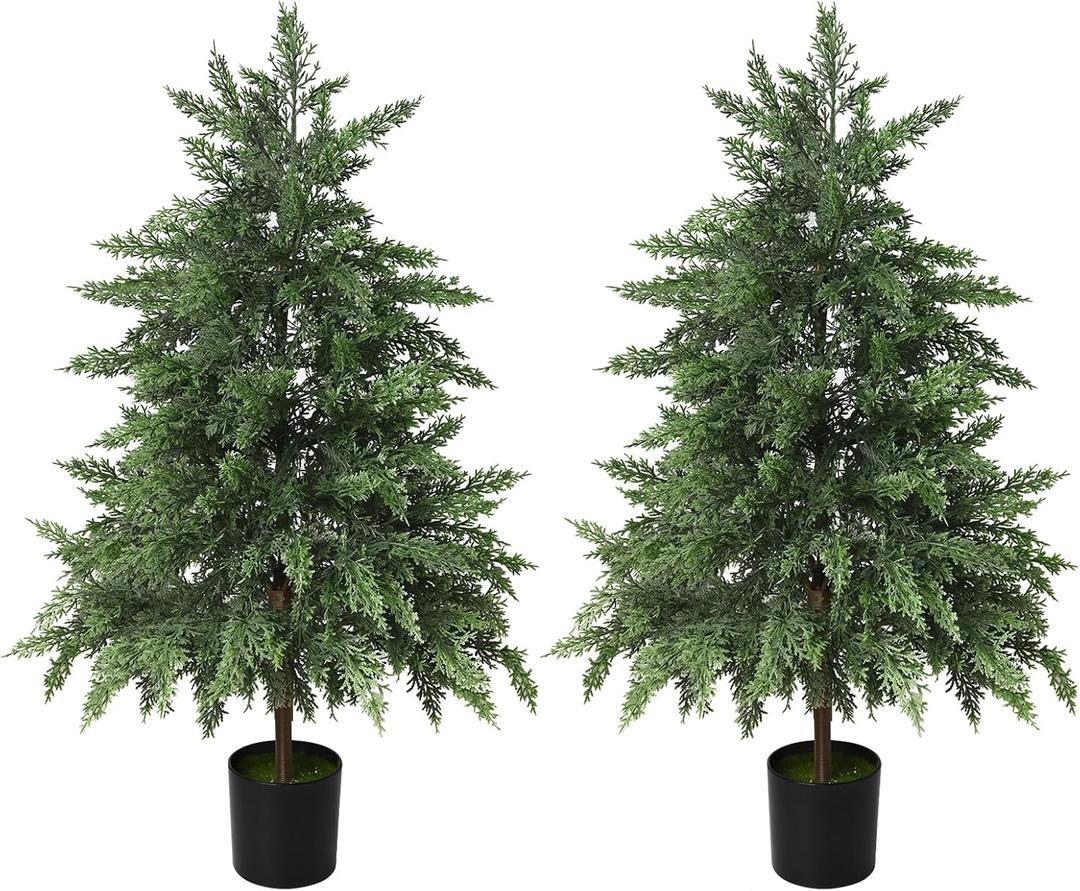3FT Artificial Christmas Cedar Tree for Outdoor Front Porch Decor, Real Touch Christmas Topiary, Realistic Potted Fake Faux Tree Plants for Indoor Garden Holiday Winter Decoration