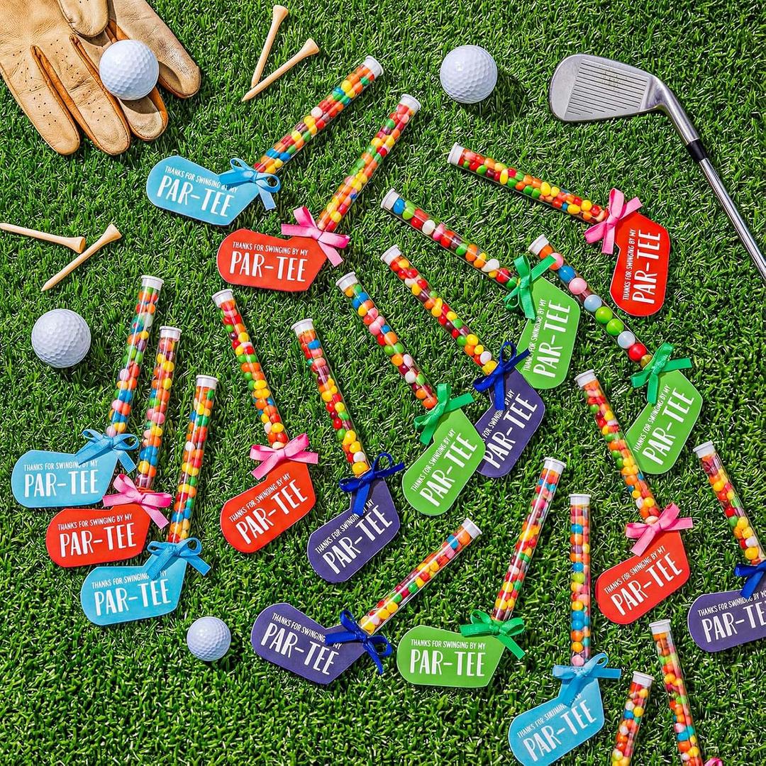 VioraWhite 24 Set Golf Party Favor Bulk Golf Birthday Party Decoration Set Includes Gumball Candy Tubes with Mini Hats and Stickers Clear Plastic Tubes Sport Goodie Bag Gift(Red,Green,Blue)