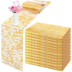 12 Pieces Gold Table Runner Metallic Thin Mesh Table Runner Roll 11 x 84 Inches Rectangle Glitter Runner for Wedding Baby Shower Birthday