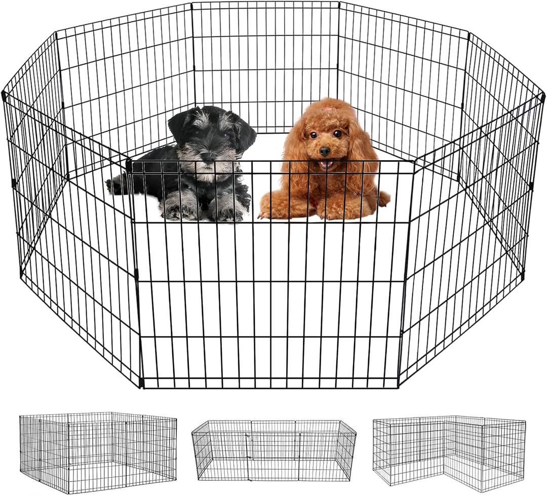 FDW 24 Inch Dog Pen 8 Panel Dog Playpen Indoor Outdoor Metal Puppy Pet Fence Portable Folding Animal Exercise Fence,Black