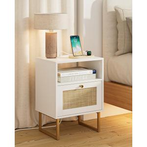 Apetaccat Rattan Nightstand with Charging Station, Boho Night Stand Farmhouse Wood Bedside Table with Storage and Open Shelf, End Side Accent Table for Bedroom,Living Room,White (Normal)