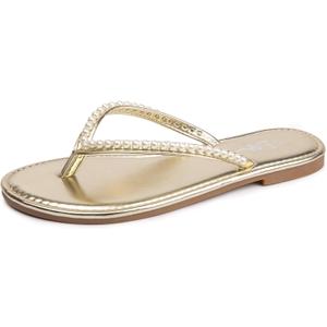 LM Women's Pearls Strappy Flat Sandals Thong Sandals Flip Flop Slip On Slide Sandals for Women Dressy Summer (11, Gold)