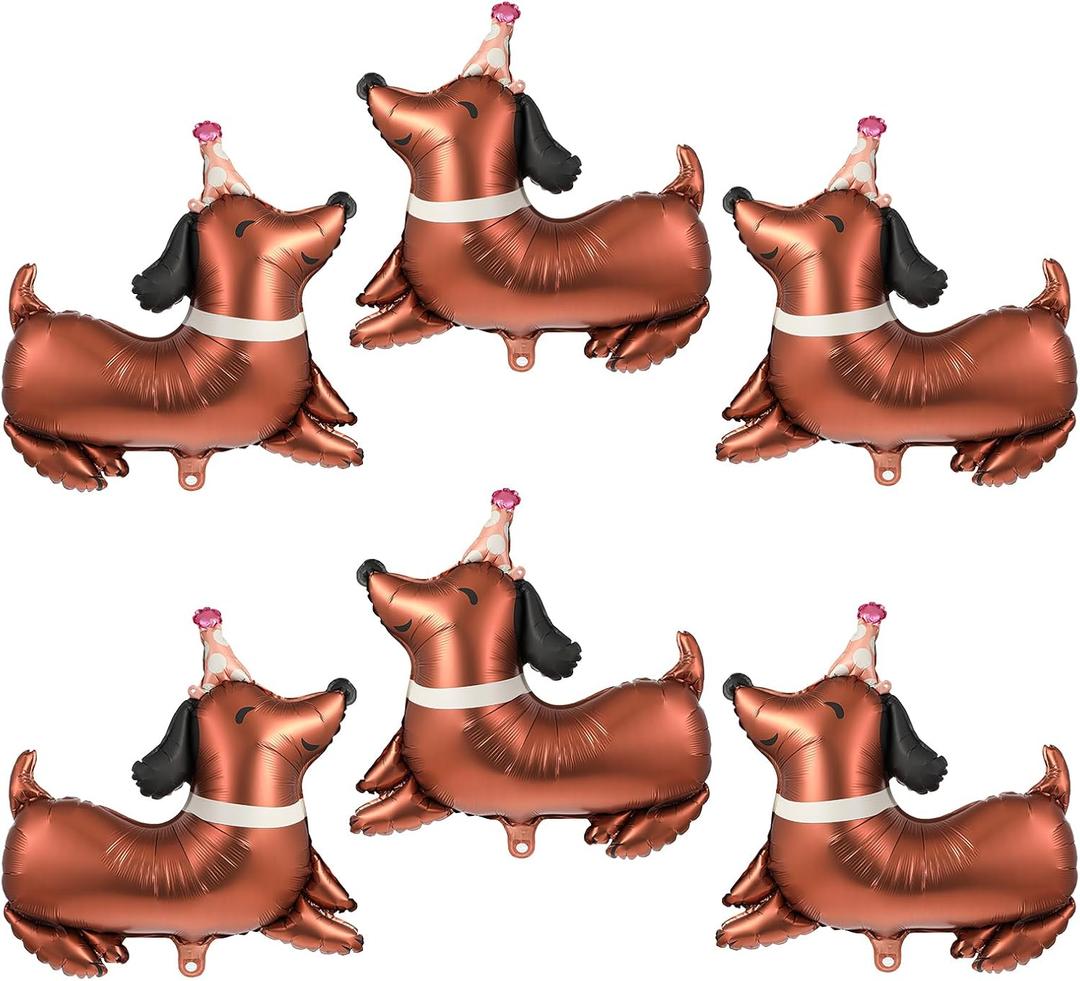 Grevosea 6 Pcs Dog Birthday Balloons Dachshund Decor Foil Mylar Walking Animal Balloons for Dog Themed Dachshund Birthday Decorations Pet Party Supplies