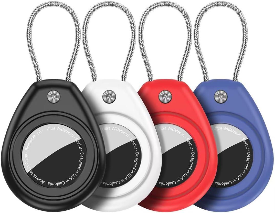 HATALKIN Compatible with AirTag Holder Air Tag Keychain Case with Screen Protector, IP68 Waterproof Air Tags Key Chain for Apple Tag GPS Tracker, Air Tags-4 Pack Holder for Luggage Key,Backpack (Black/White/Red/Blue)