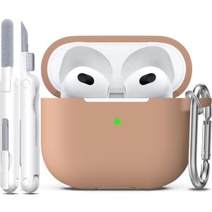 R-fun Compatible with AirPods 3 Case Cover, Silicone Protective Accessories Skin with Keychain Compatible with Apple AirPod 3rd Generation 2021 for Women Men Girls Boys,Front LED Visible,Milk Tea
