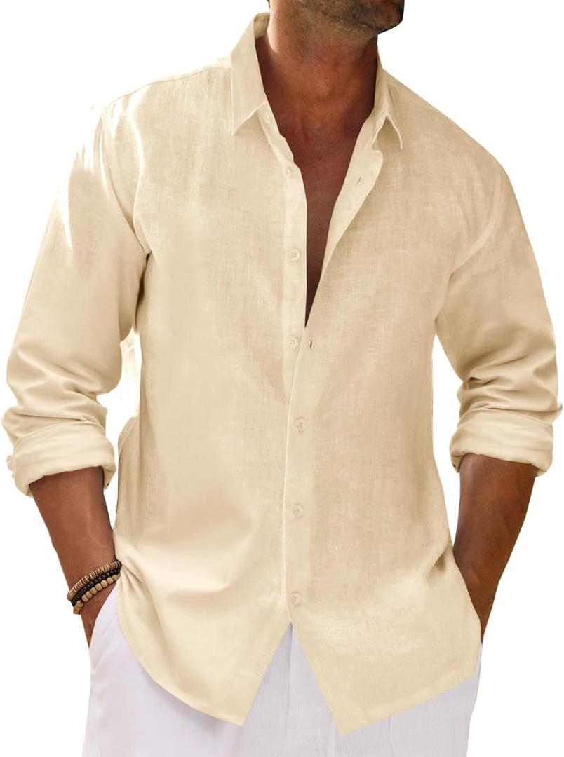 Runcati Mens Button Down Shirt Cotton Linen Casual Long Sleeve Shirts Collared Hippie Beach Tops,XL