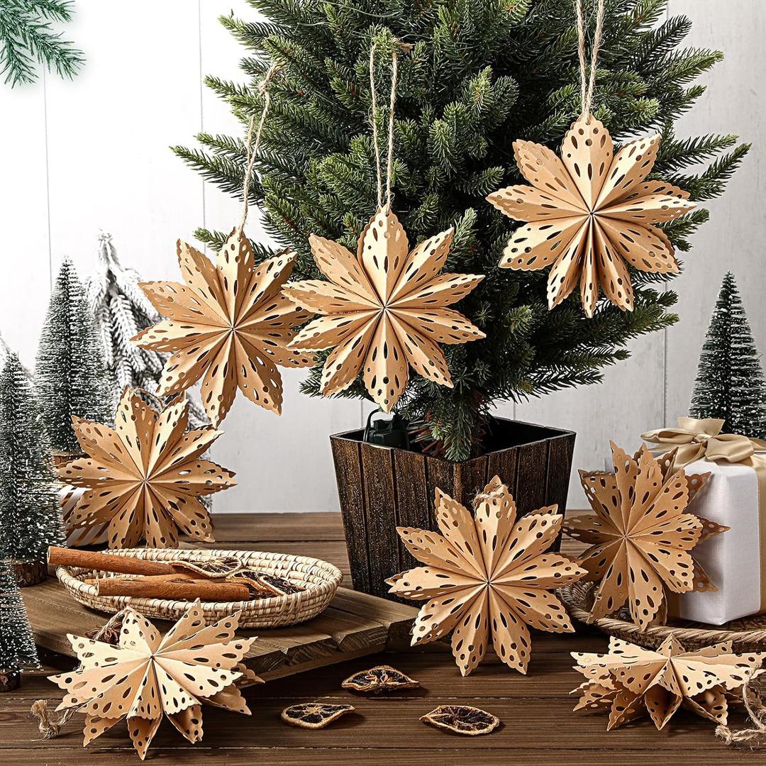 Leinuosen 12 Pcs Mini Christmas Snowflake Ornament 3D Mini Paper Star Ornament Paper Hanging Decorations for Christmas Tree Boho Style Indoor Home Decor Vintage Farmhouse Decorations(Brown)
