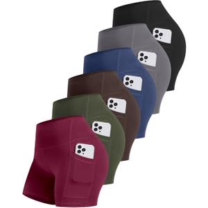 CHRLEISURE 6 Packs Womens Biker Shorts with Pocket, 5 Inch High Waisted Tummy Control Spandex Yoga Workout Shorts (Black/Grey/Navy/Wine/Green/Brown - XL)