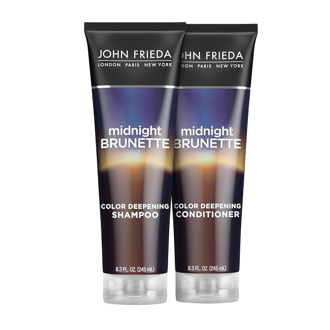 John Frieda Midnight Brunette Shampoo & Conditioner, Color Deepening Shampoo & Conditioner to Enhance and Refresh Brunette Tones, Cocoa and Primrose Oil-Infused 8.3 oz, Pack of 2