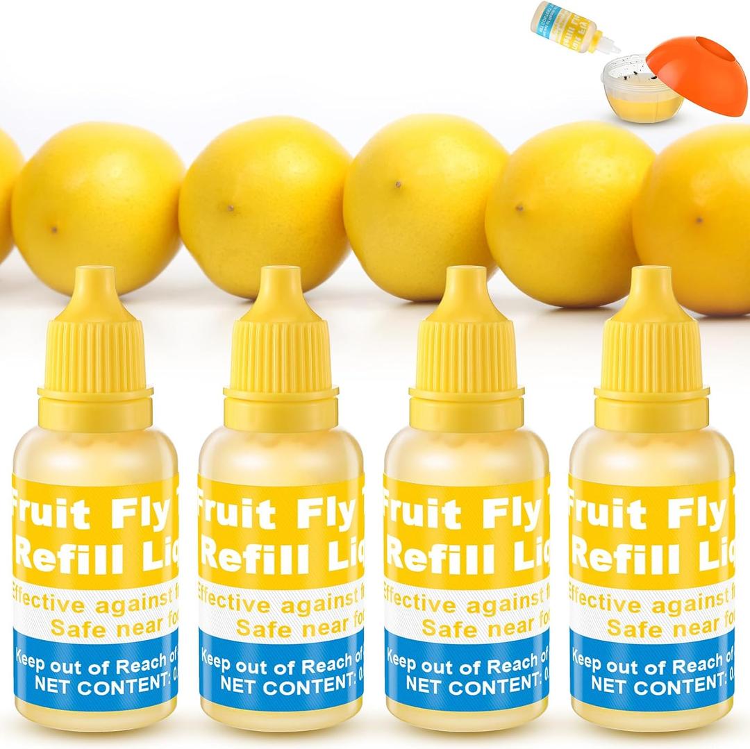 Qualirey Fruit Fly Trap for Indoor and Kitchen Use, 0.68 oz Each Bottle Fruit Fly Trap Refill Liquid, Ready to Use, Safe Near Food, Efficient Lure Refill Liquid, Yellow(4 Pack)