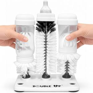 Double Baby Bottle Cleaning Brush Set with Suction Base - Cleans Two Bottles at Once - Includes Nipple Cleaner Brush - High Density Bristles, Dishwasher Safe - Baby Gift & Newborn Essential
